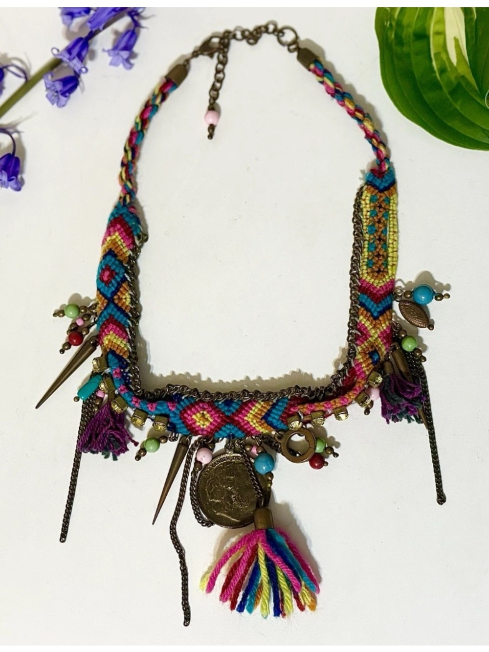 Handmade Bohemian Colorful Woven Macrame Medallion Coin Necklace w Chain Tassels